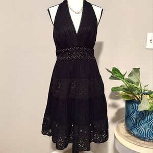 BCBG Halter Eyelet Black Tie V Neck Midi Lace Pinstripe Dress 6